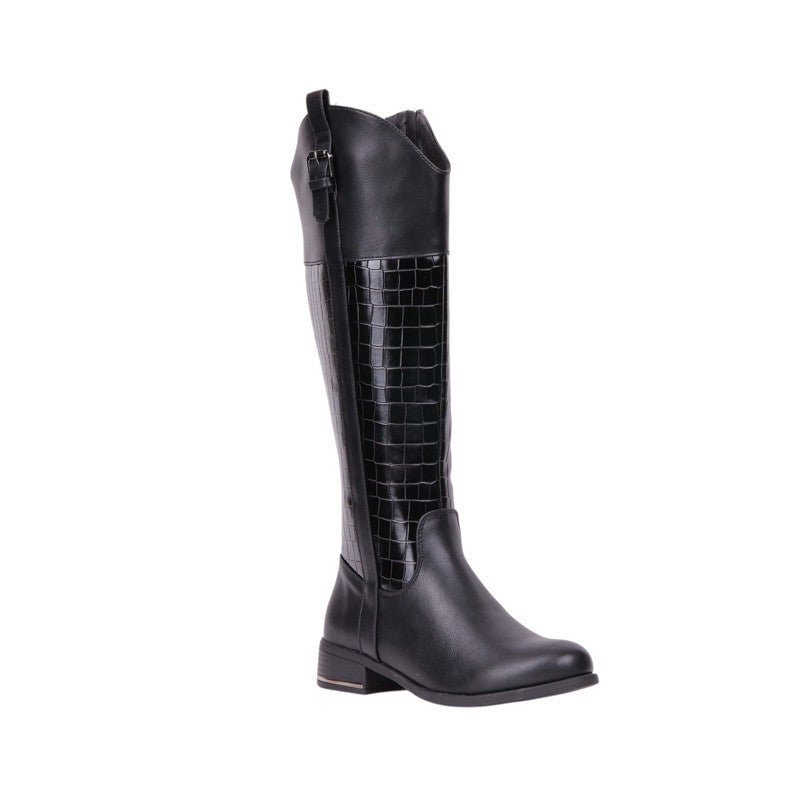 Pu Leather Croc-Embossed Knee-High Boots – Black (SR-3516)