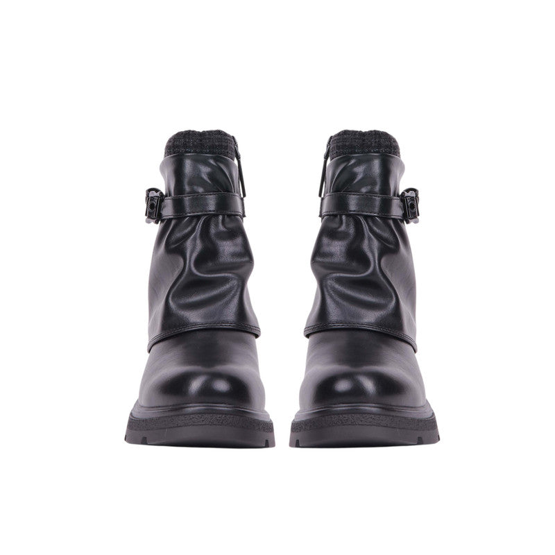 Pu Leather Buckle Half Boots – Black (SR-3518)