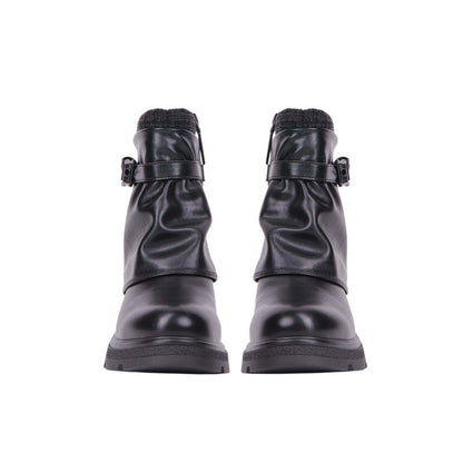 Pu Leather Buckle Half Boots – Black (SR-3518)