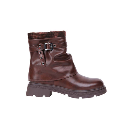 Pu Leather Buckle Half Boots – Brown (SR-3518)