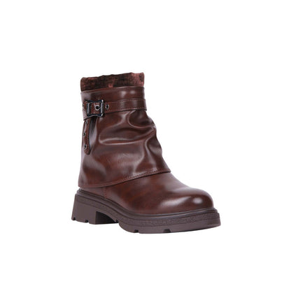 Pu Leather Buckle Half Boots – Brown (SR-3518)