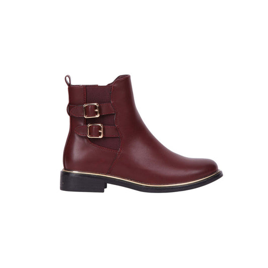 Pu Leather Double Buckle Half Boots – Maroon (SR-3538)