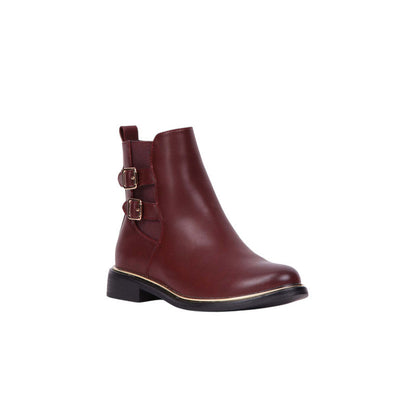 Pu Leather Double Buckle Half Boots – Maroon (SR-3538)