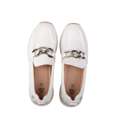 Pu Leather Chain Detail Loafers – White (SR-3544)