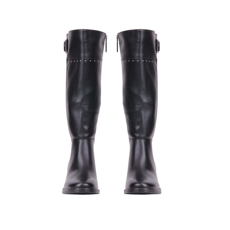 Pu Leather Studded Knee-High Boots – Black (SR-3552)