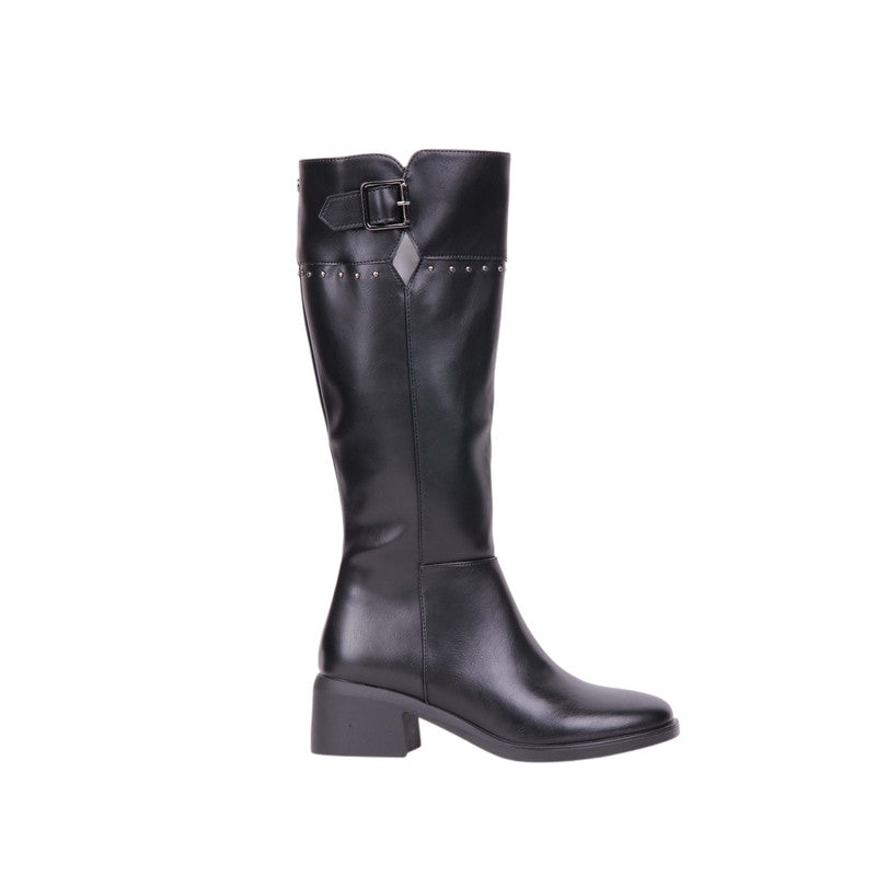 Pu Leather Studded Knee-High Boots – Black (SR-3552)