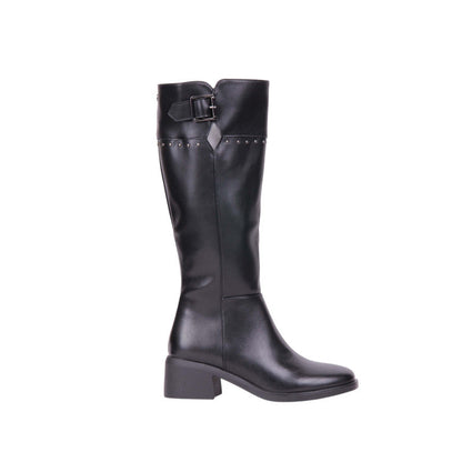 Pu Leather Studded Knee-High Boots – Black (SR-3552)
