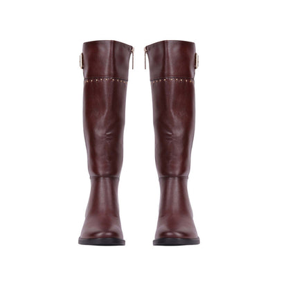 Pu Leather Studded Knee-High Boots – Burgundy (SR-3552)