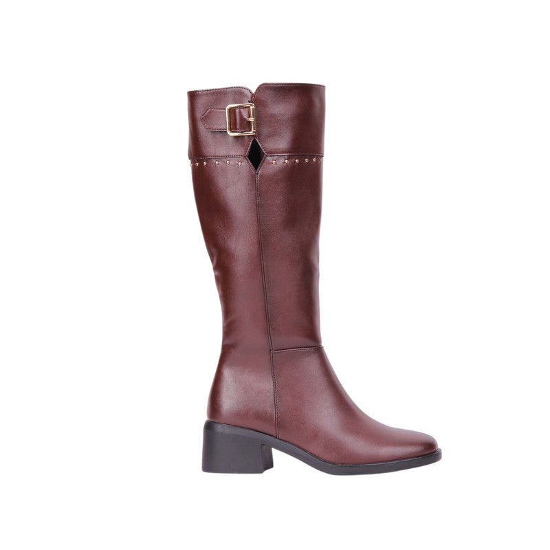 Pu Leather Studded Knee-High Boots – Burgundy (SR-3552)