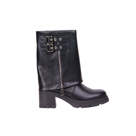 Pu Leather Buckle Zip Boots – Black (SR-3674)