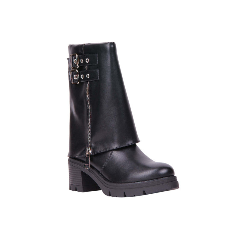 Pu Leather Buckle Zip Boots – Black (SR-3674)