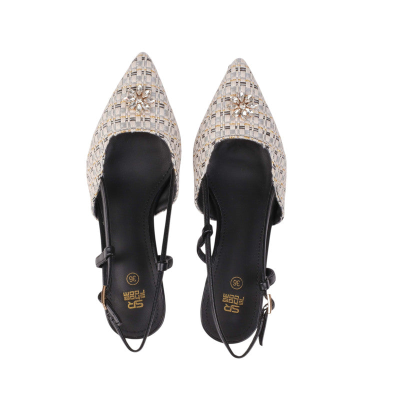 Woven Pattern PU Leather Slingback Heels – Black (SR-3563)