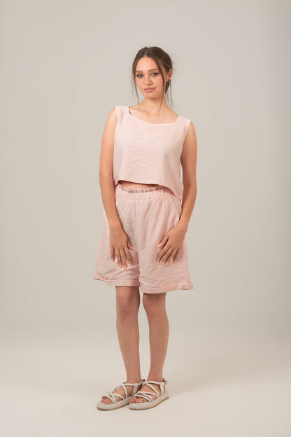 Linen Rectangle Cut Neck Set Top & Short For Women