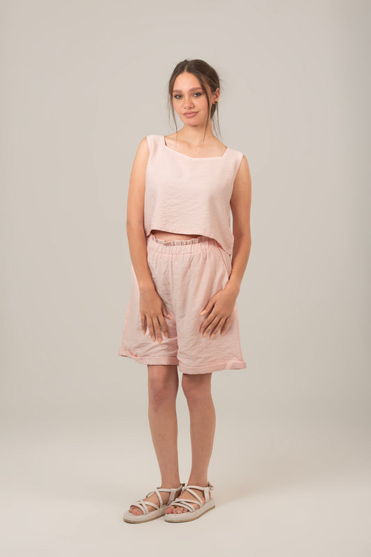 Linen Rectangle Cut Neck Set Top & Short For Women