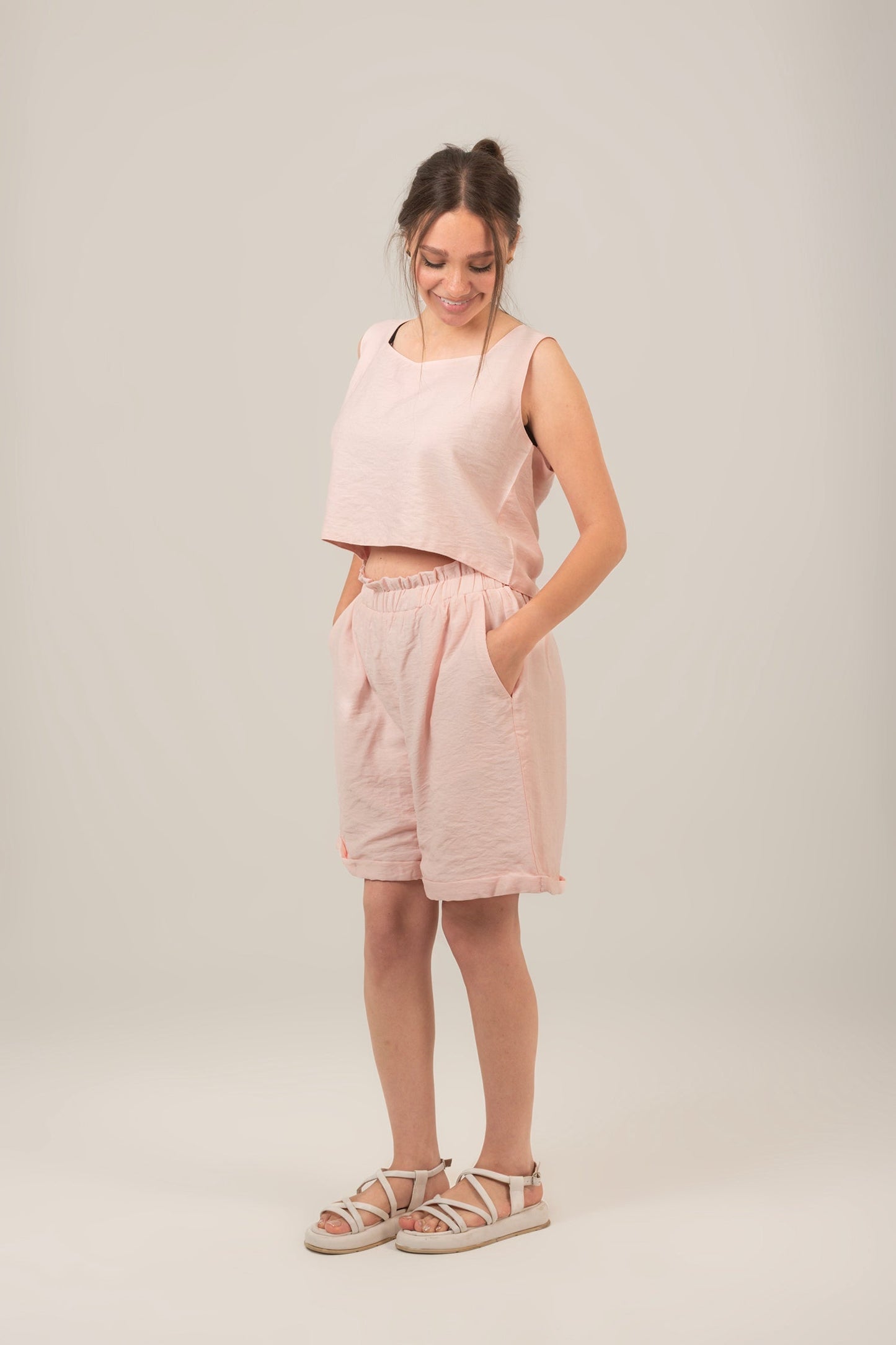 Linen Rectangle Cut Neck Set Top & Short For Women
