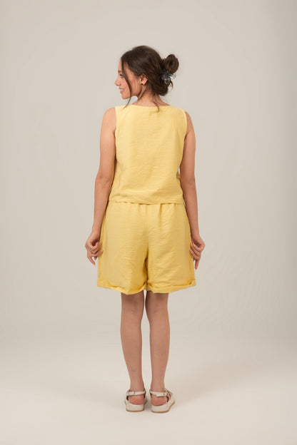 Linen Rectangle Cut Neck Set Top & Short For Women