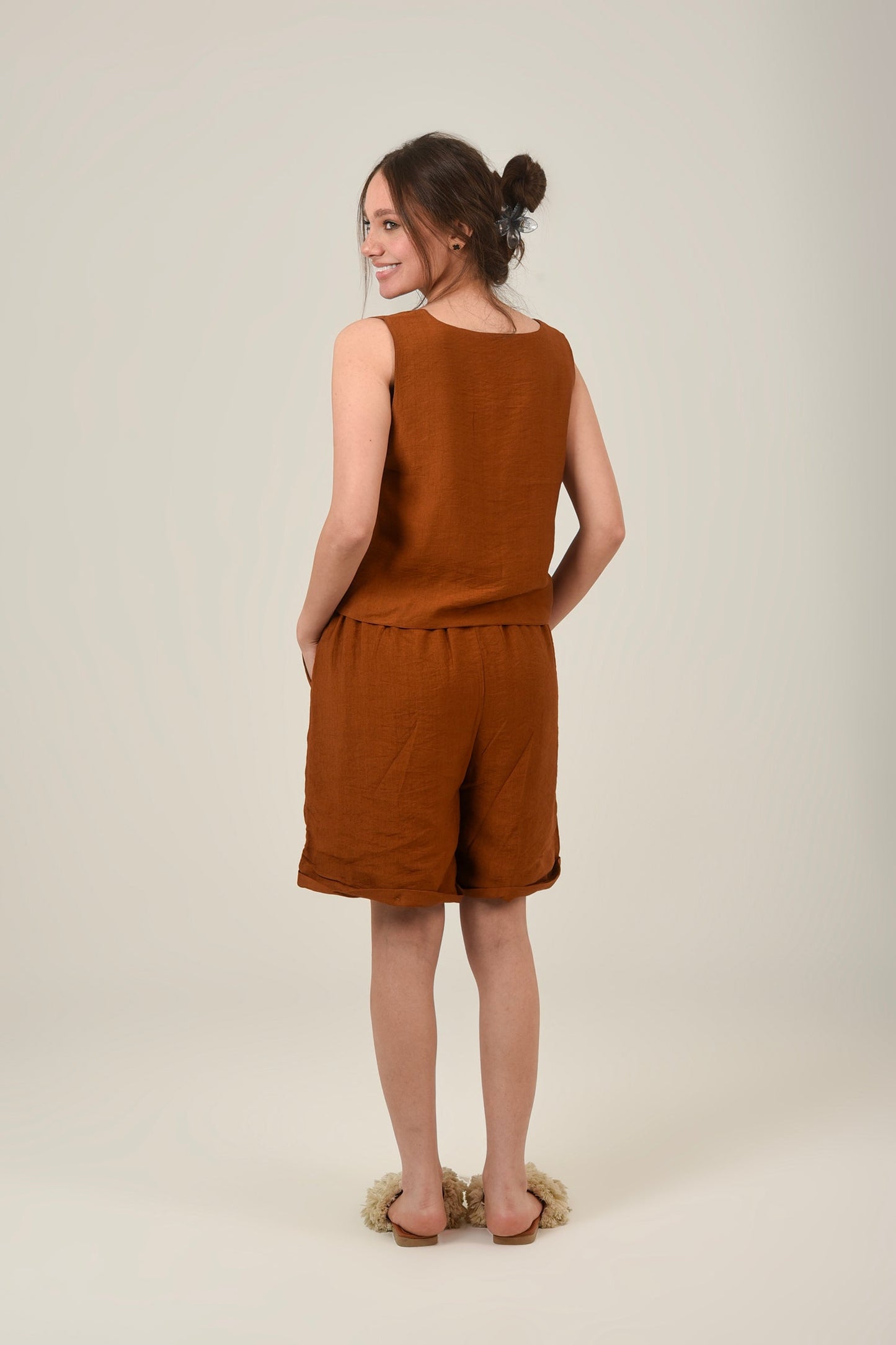 Linen Rectangle Cut Neck Set Top & Short For Women