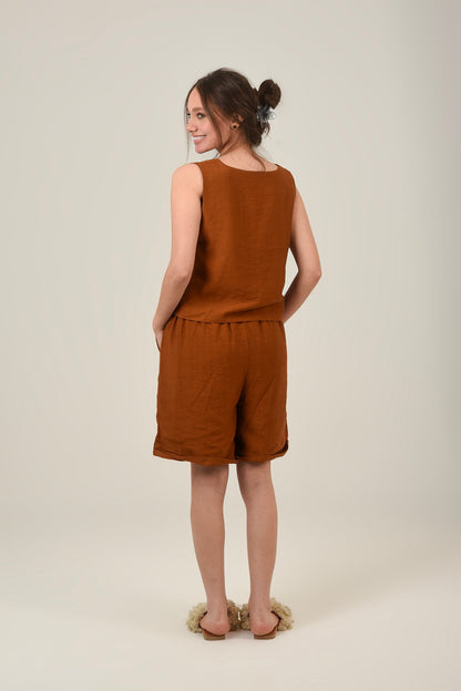 Linen Rectangle Cut Neck Set Top & Short For Women