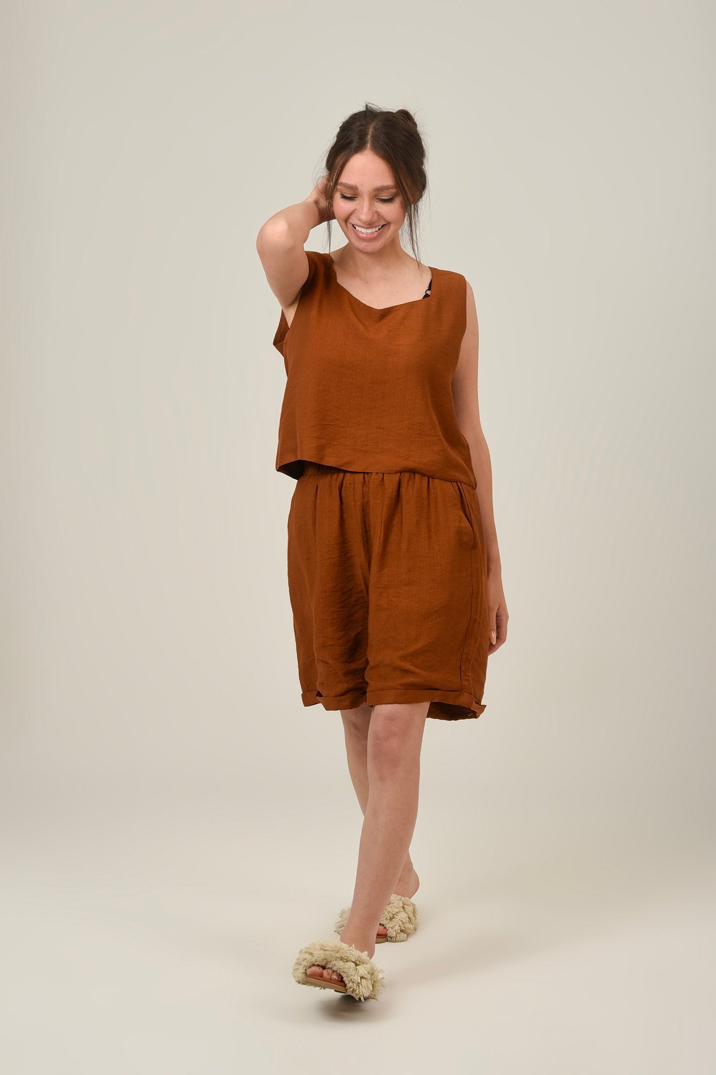 Linen Rectangle Cut Neck Set Top & Short For Women