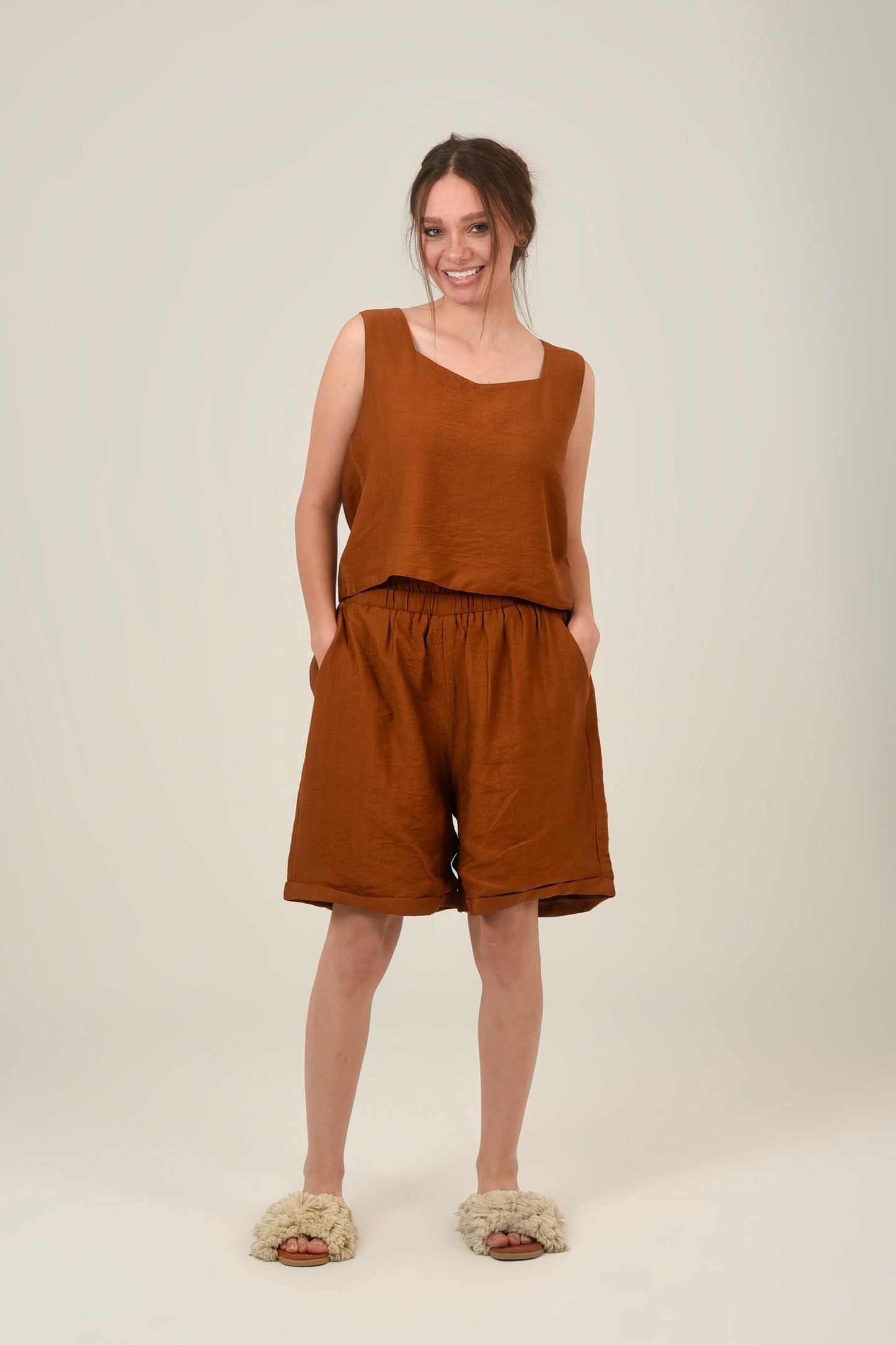 Linen Rectangle Cut Neck Set Top & Short For Women