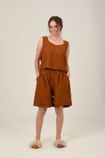 Linen Rectangle Cut Neck Set Top & Short For Women