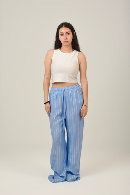 Linen Loose Striped High Waist Pants - Sky Blue