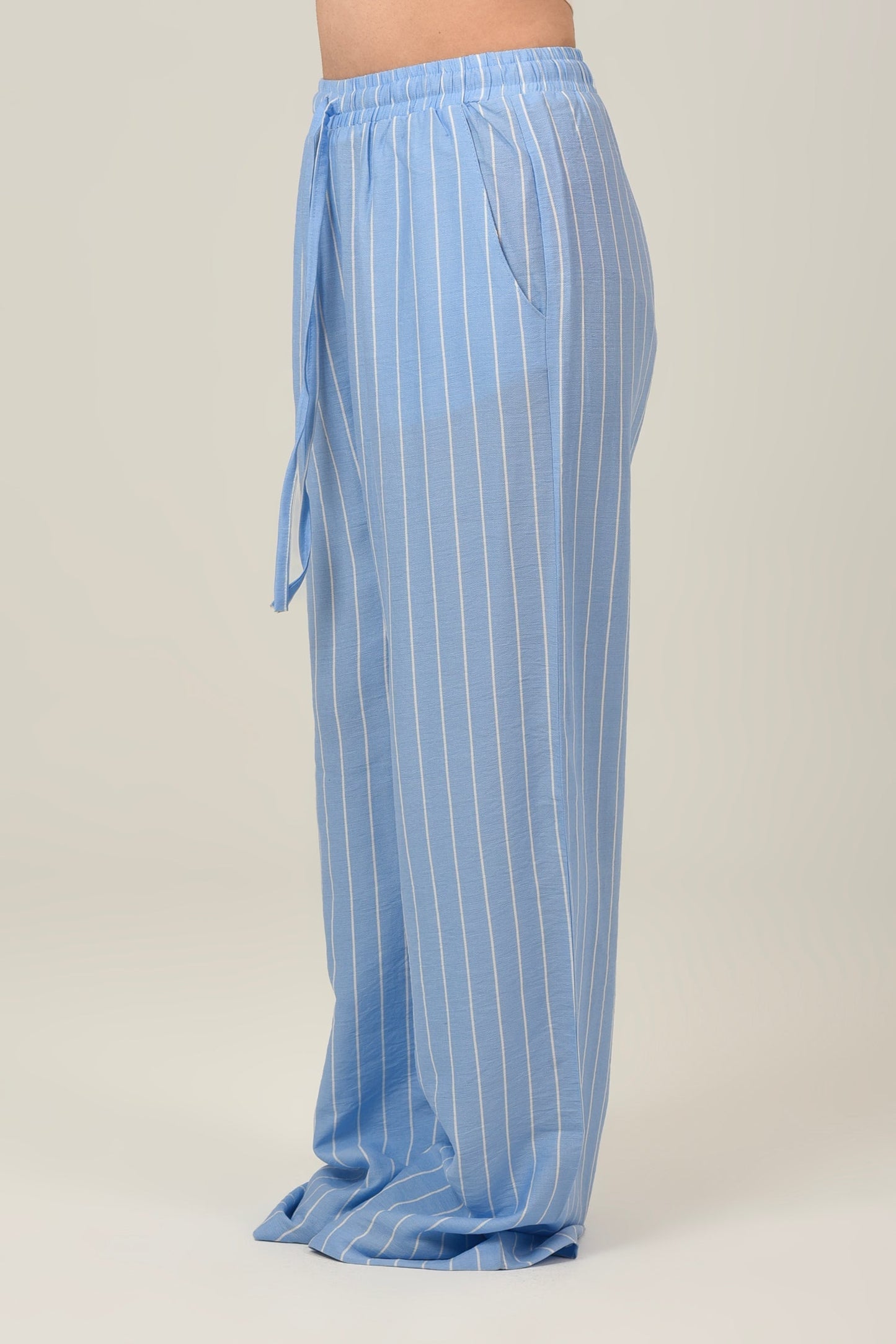 Linen Loose Striped High Waist Pants - Sky Blue