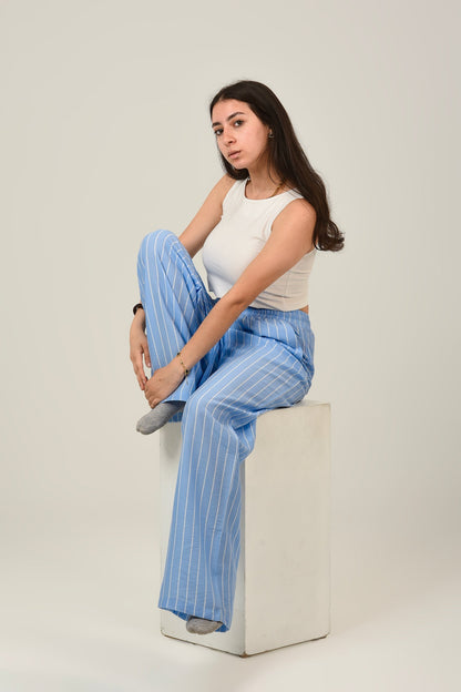Linen Loose Striped High Waist Pants - Sky Blue