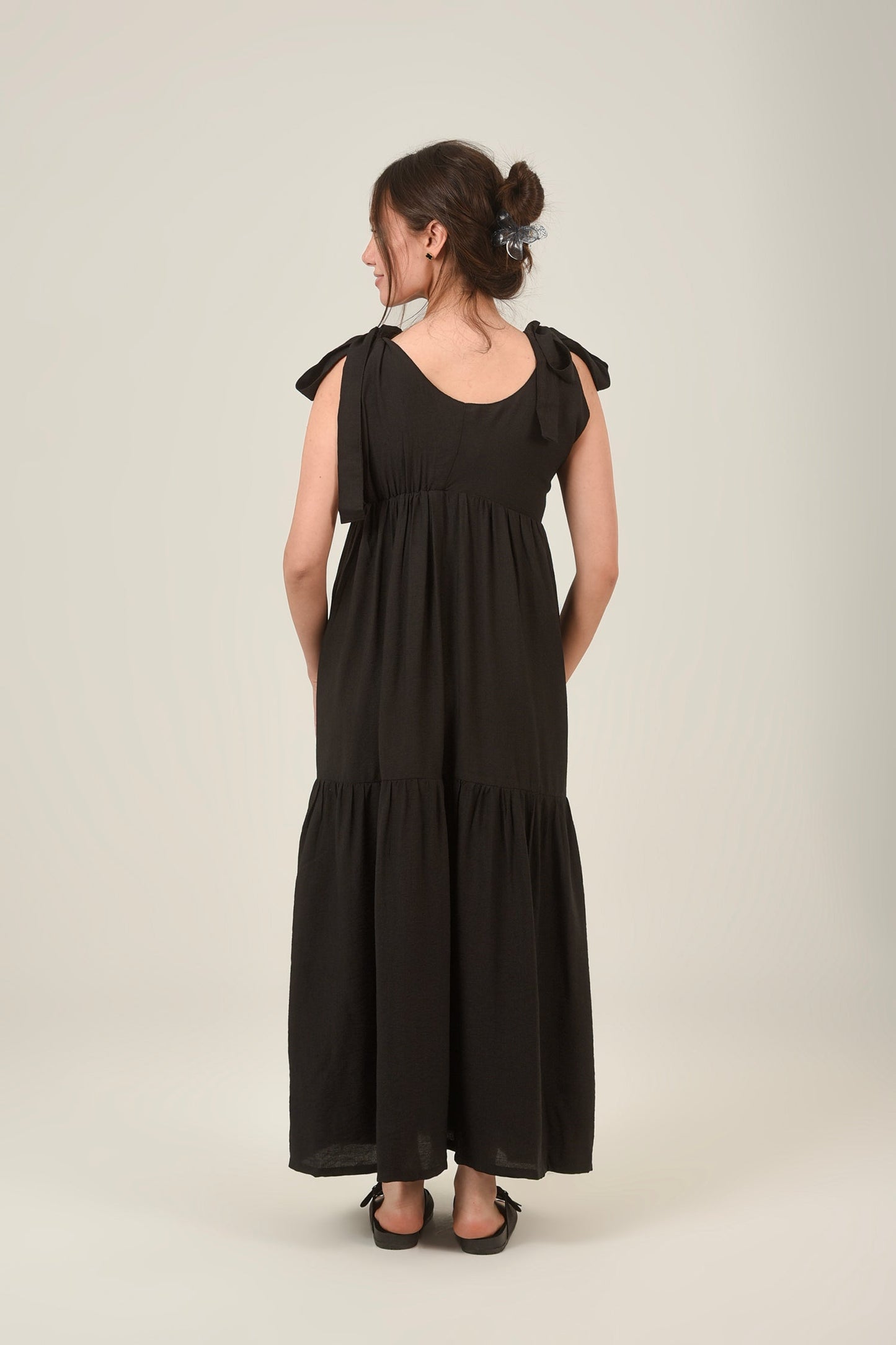 Linen Flare Flowy Tie Shoulders Maxi Dress