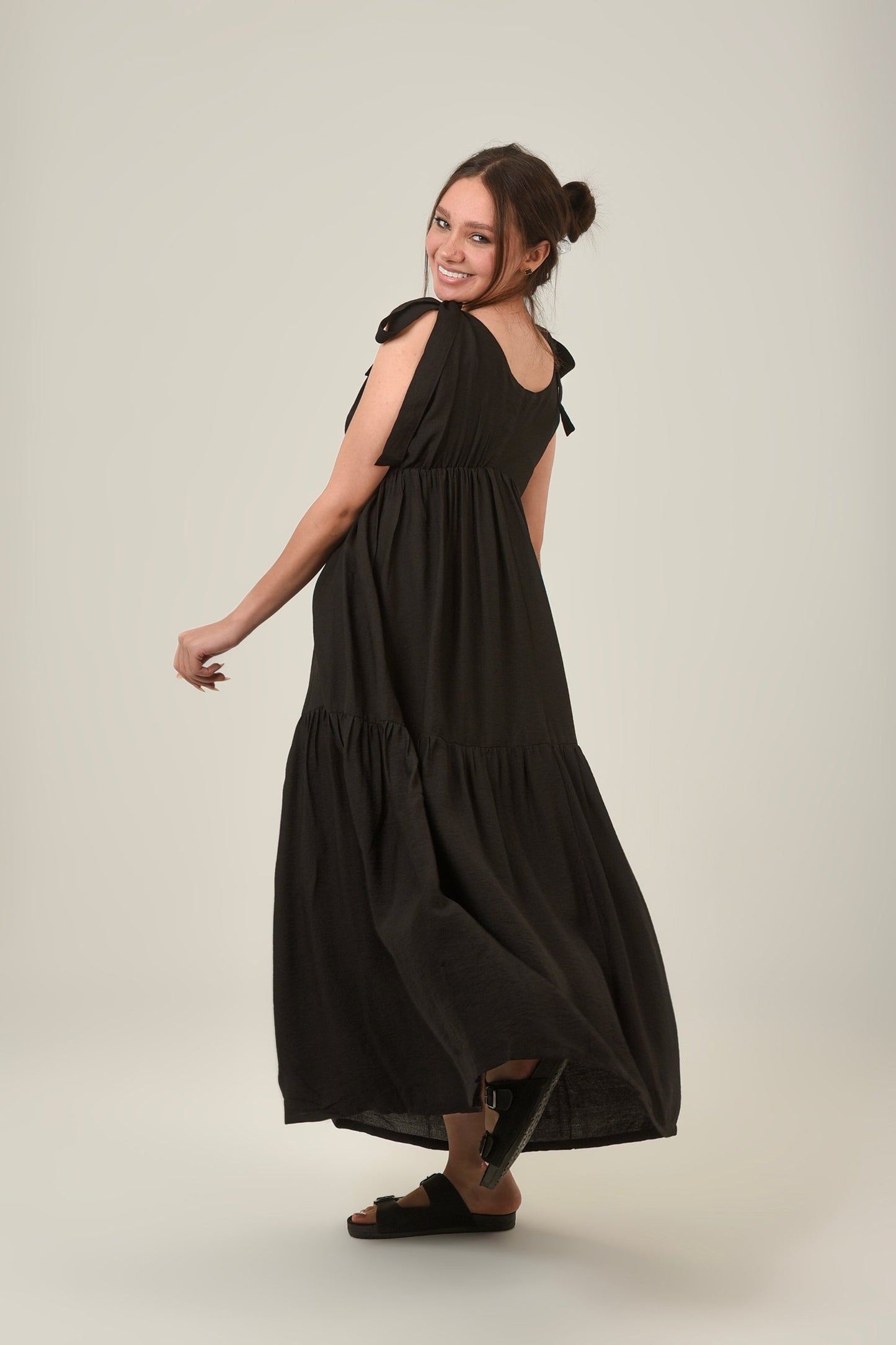 Linen Flare Flowy Tie Shoulders Maxi Dress