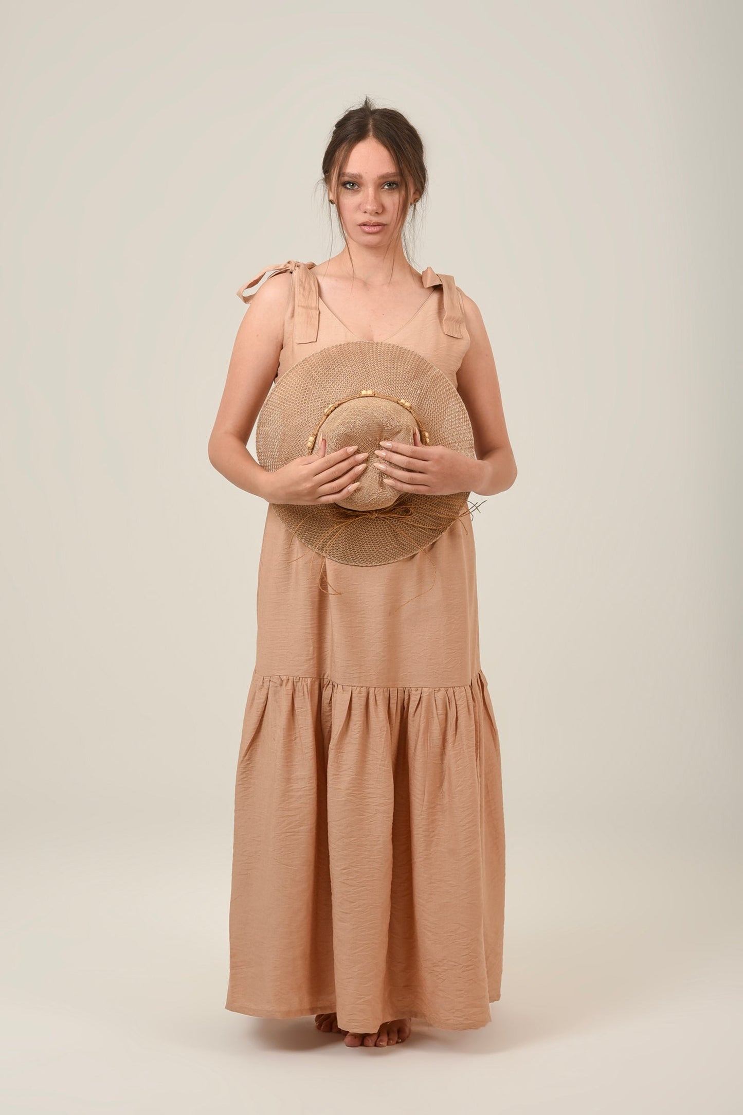 Linen Flare Flowy Tie Shoulders Maxi Dress