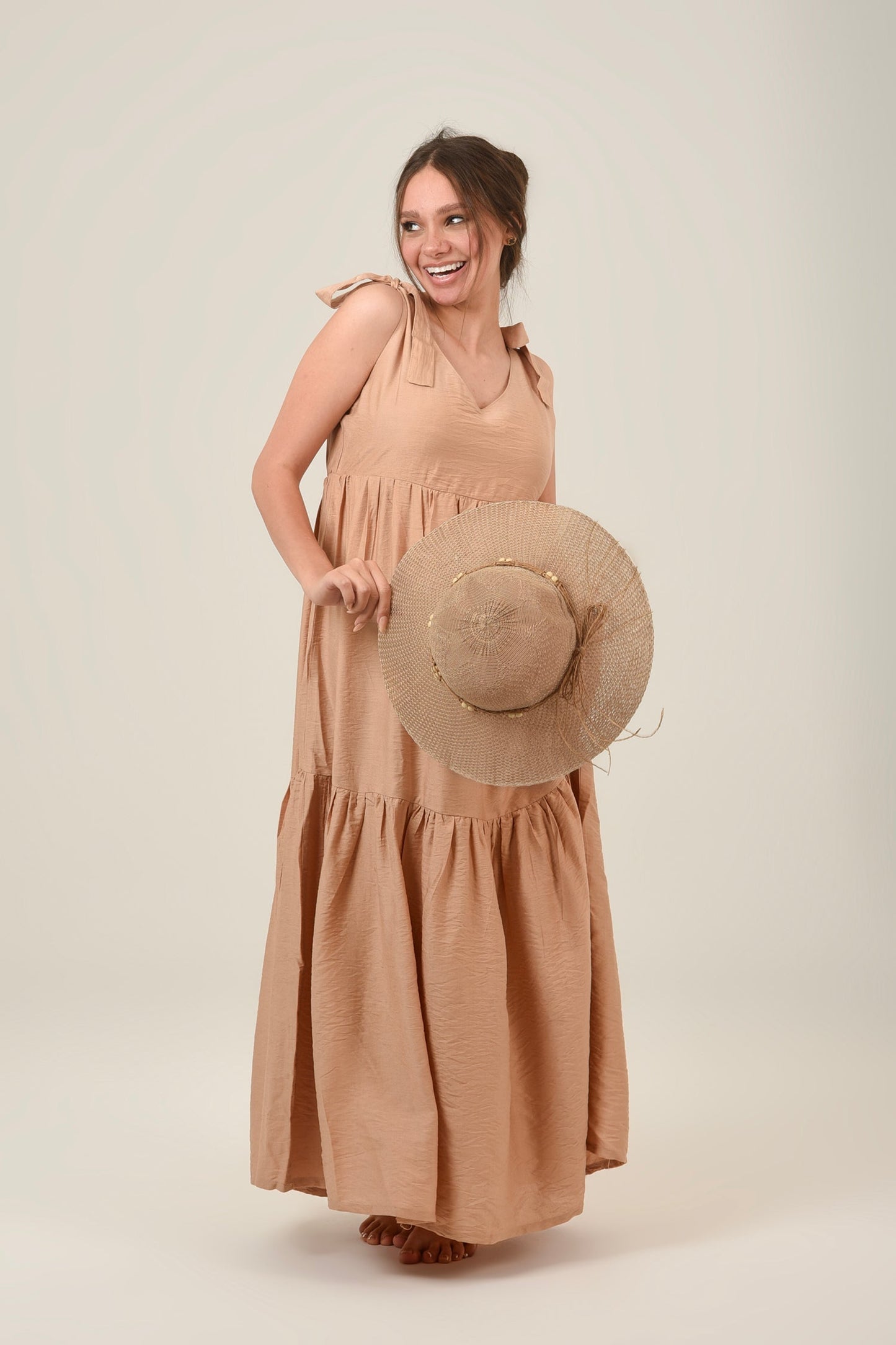 Linen Flare Flowy Tie Shoulders Maxi Dress