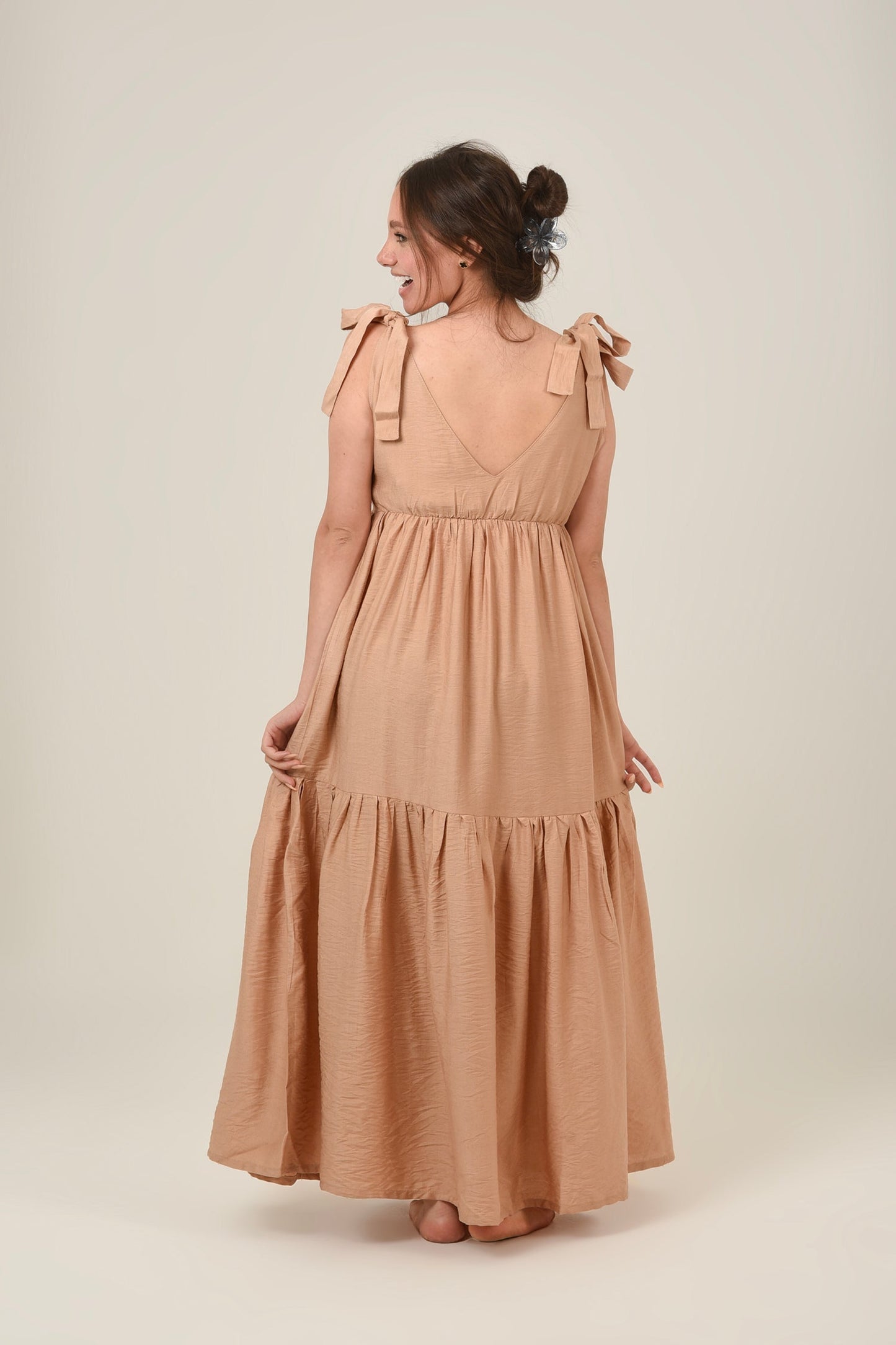 Linen Flare Flowy Tie Shoulders Maxi Dress