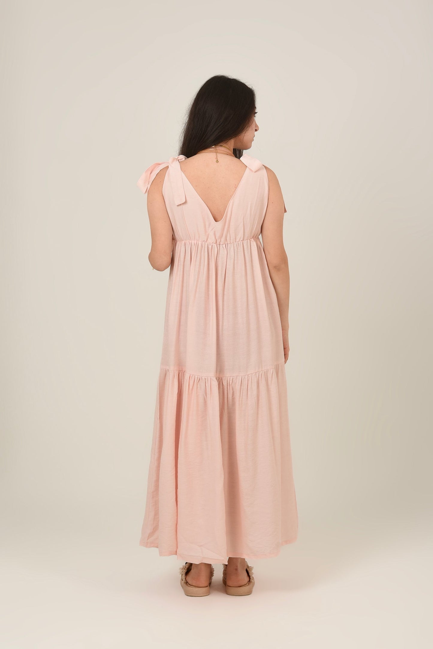 Linen Flare Flowy Tie Shoulders Maxi Dress