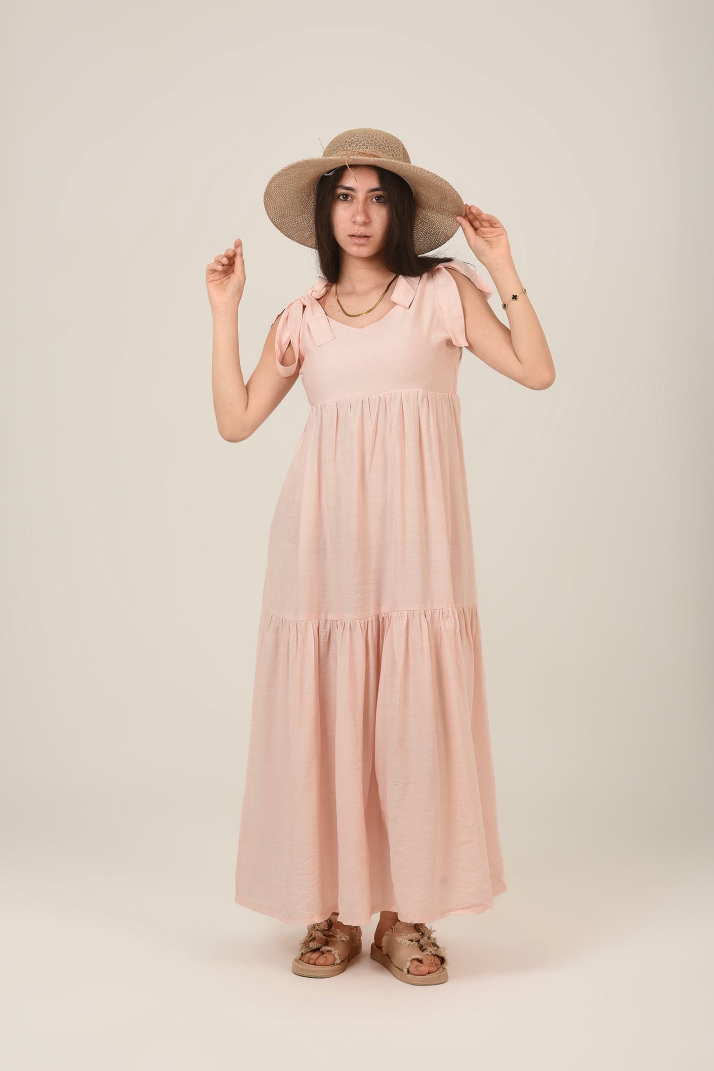 Linen Flare Flowy Tie Shoulders Maxi Dress