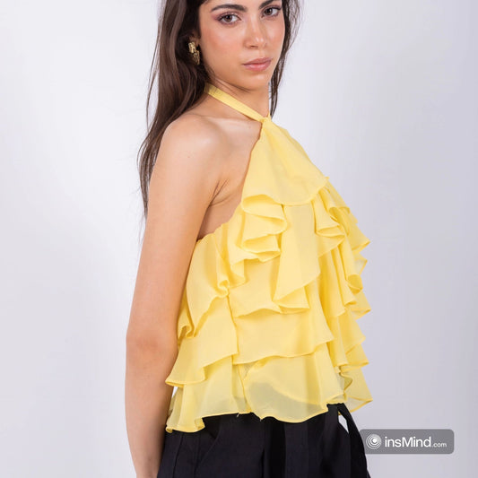 Chiffon Ruffled Halter Top – Yellow