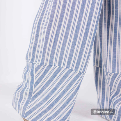 Linen Wide-Leg Striped Trousers - Blue