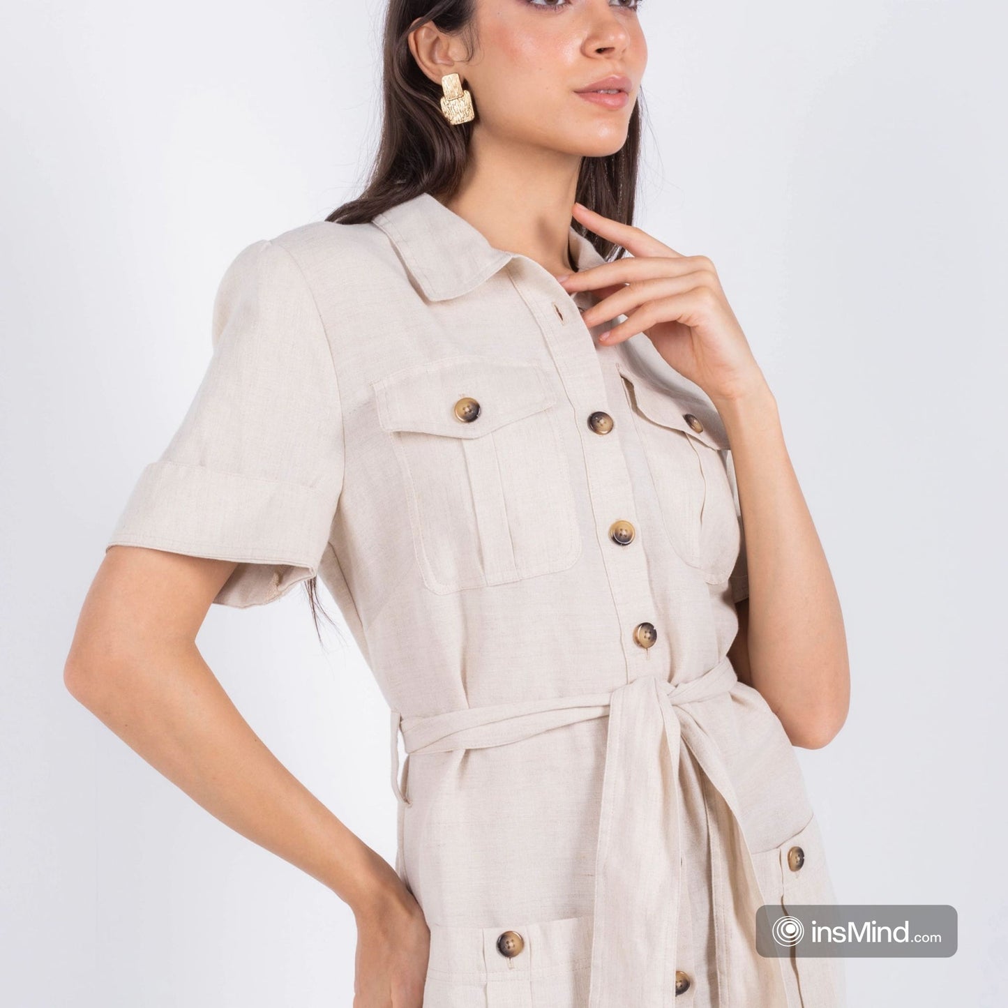 Linen Shirt Midi Dress – Beige