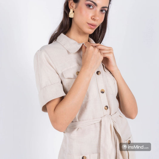 Linen Shirt Midi Dress – Beige