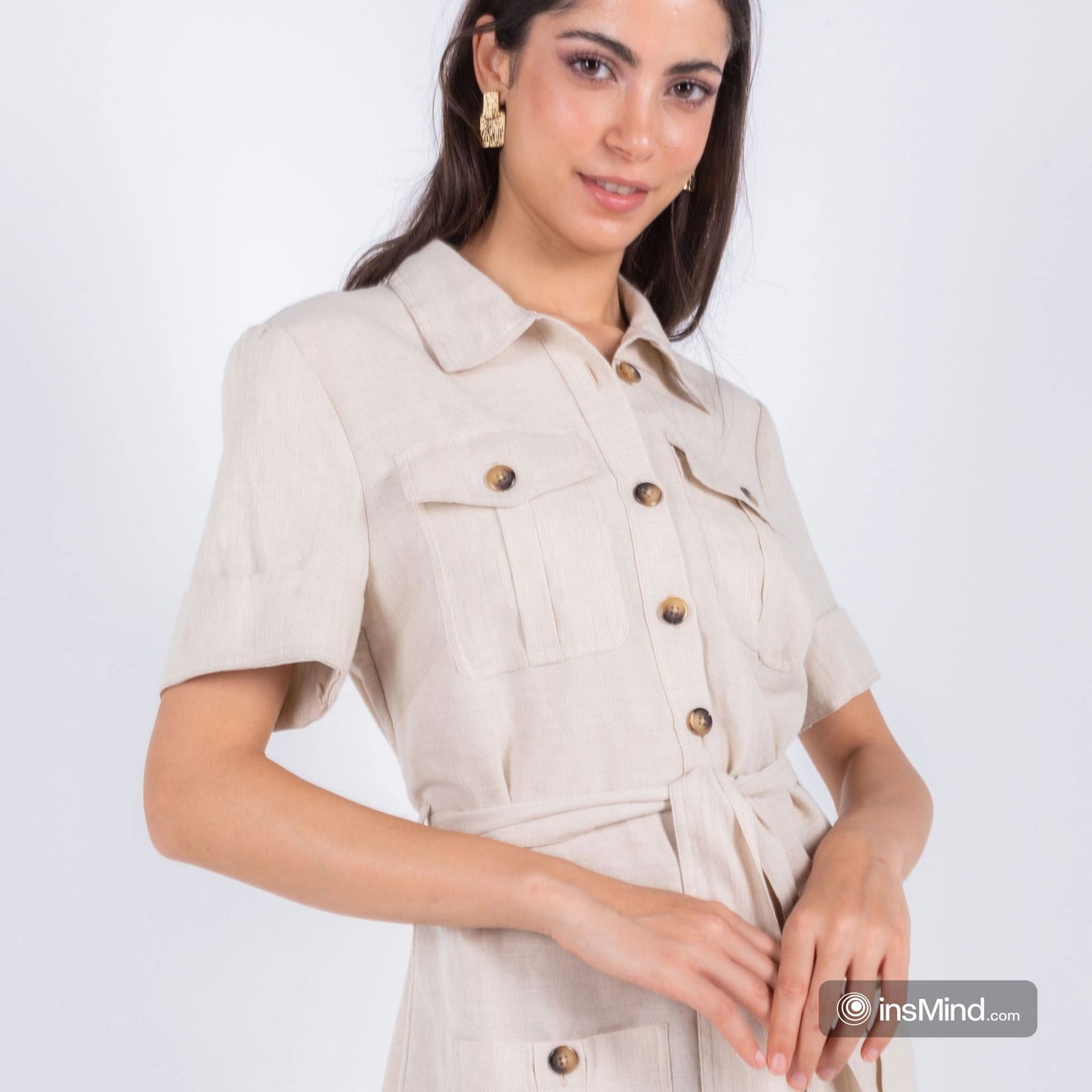 Linen Shirt Midi Dress – Beige