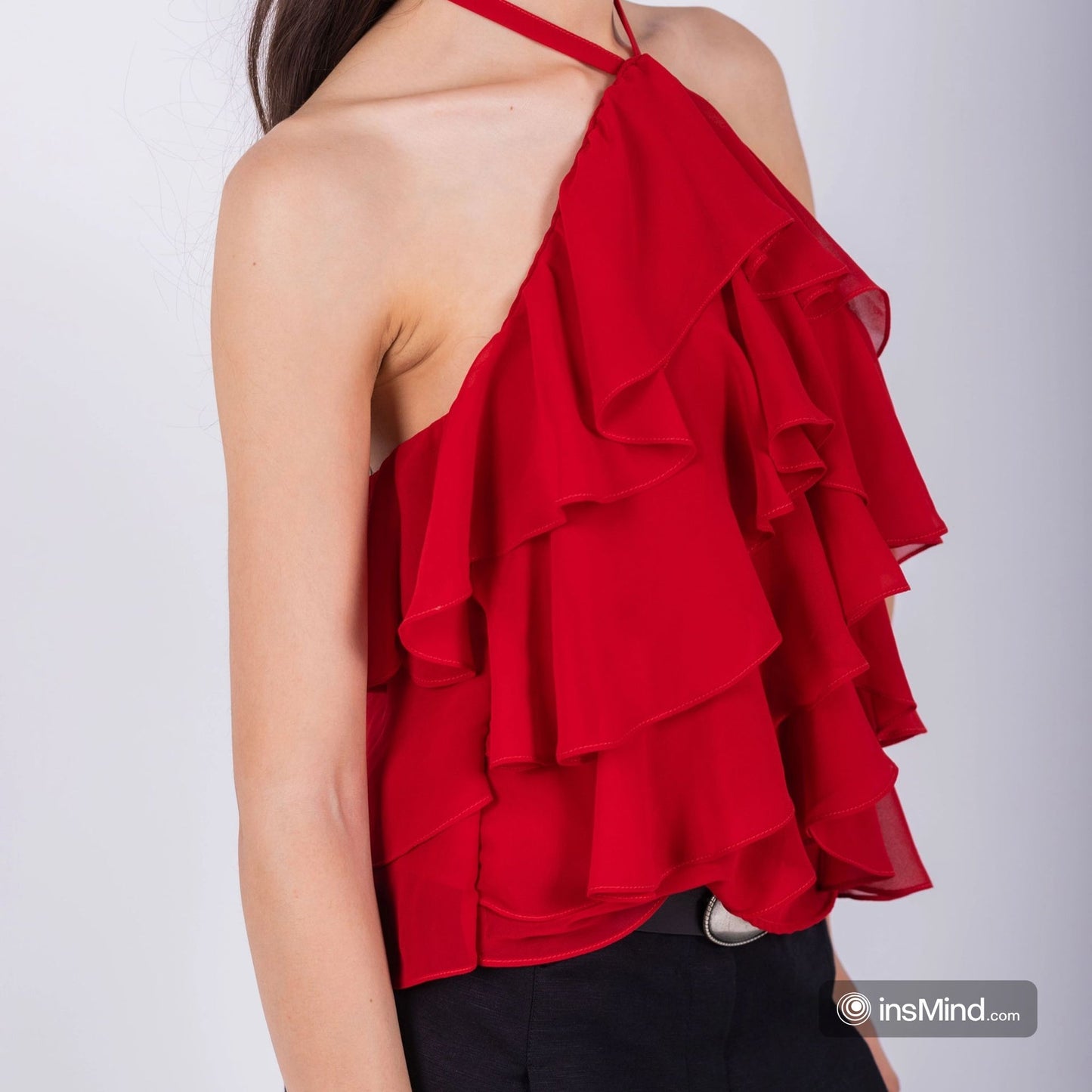 Chiffon Ruffled Halter Top – Red
