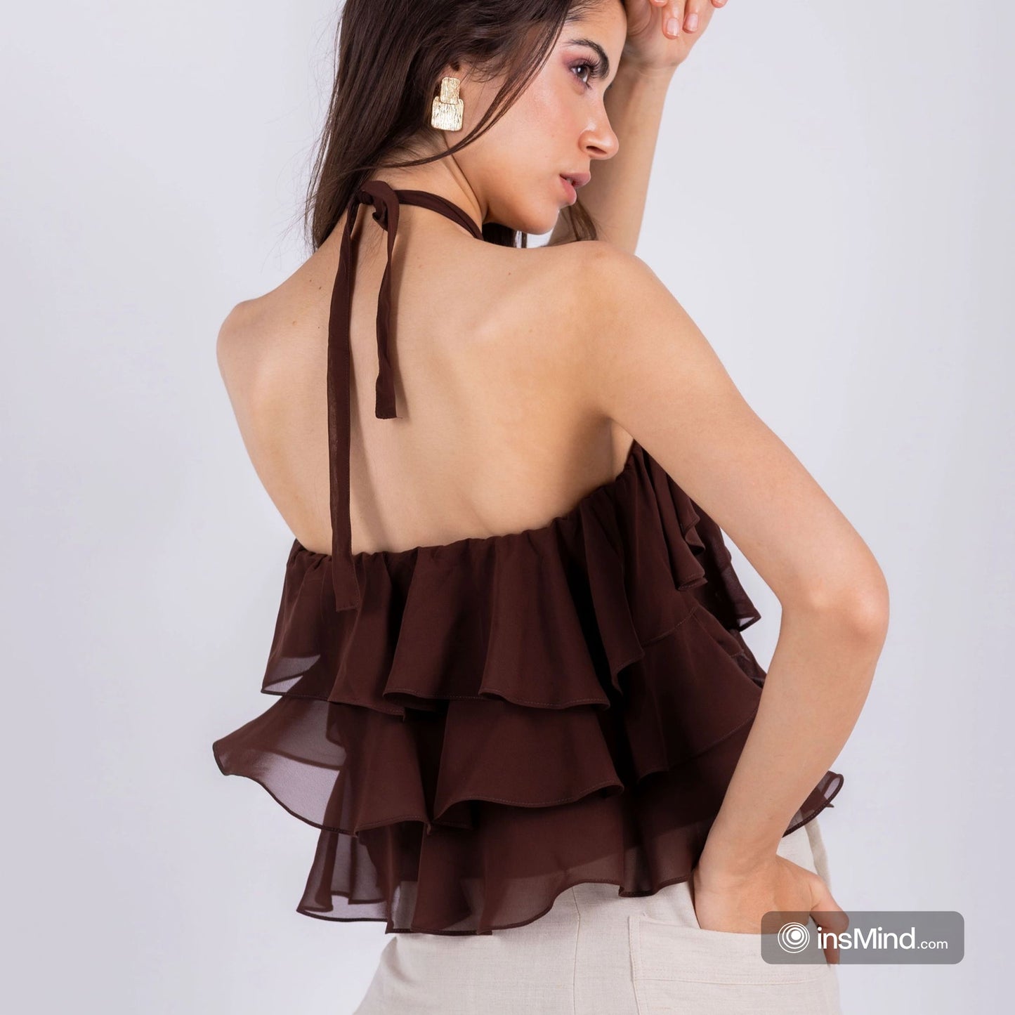 Chiffon Ruffled Halter Top – Brown