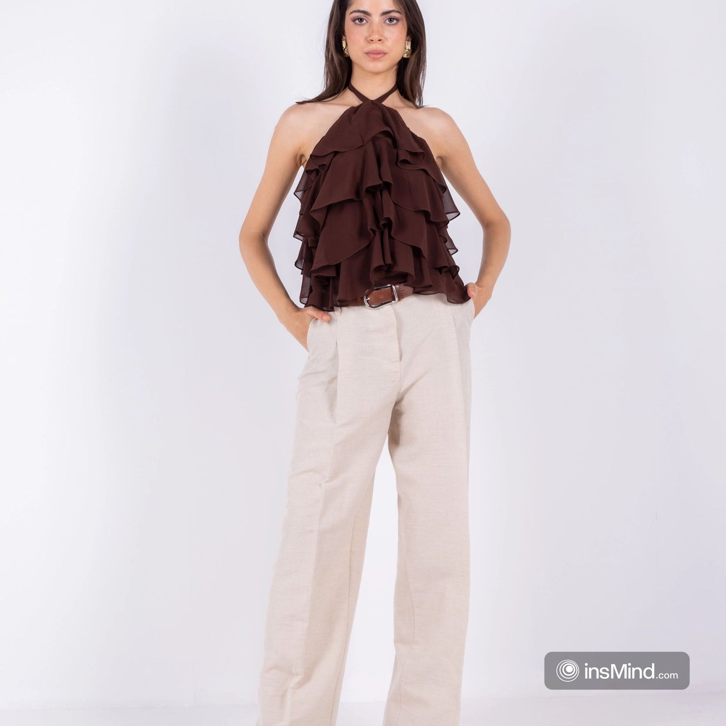Chiffon Ruffled Halter Top – Brown