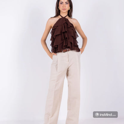 Chiffon Ruffled Halter Top – Brown