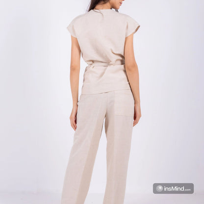 Linen Kimono Wrap Top – Beige