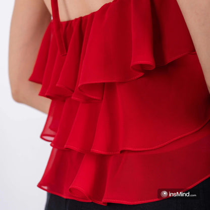 Chiffon Ruffled Halter Top – Red