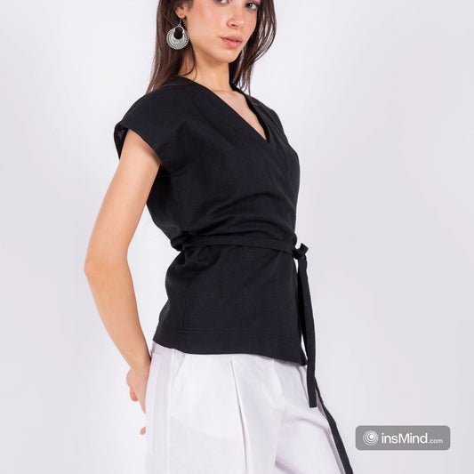 Linen Kimono Wrap Top – Black