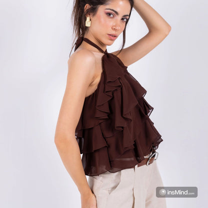 Chiffon Ruffled Halter Top – Brown