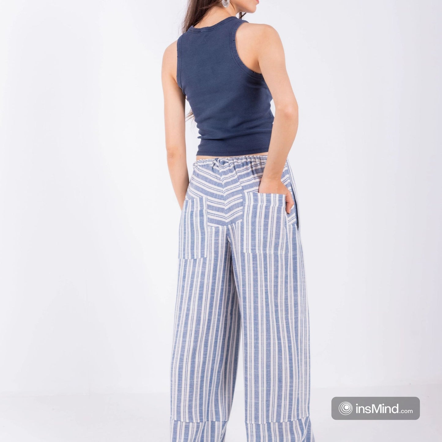 Linen Wide-Leg Striped Trousers - Blue