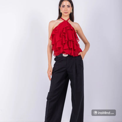 Chiffon Ruffled Halter Top – Red